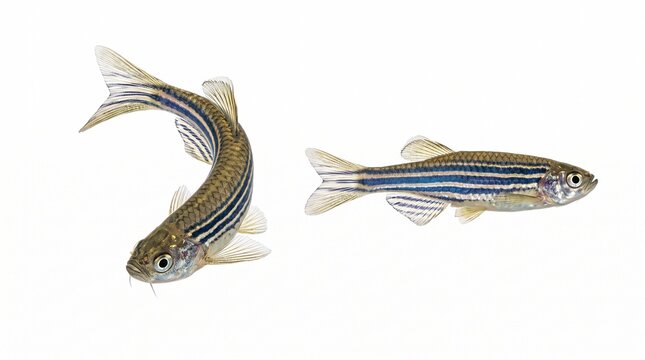 Two zebrafish swimming isolated on a pure white background