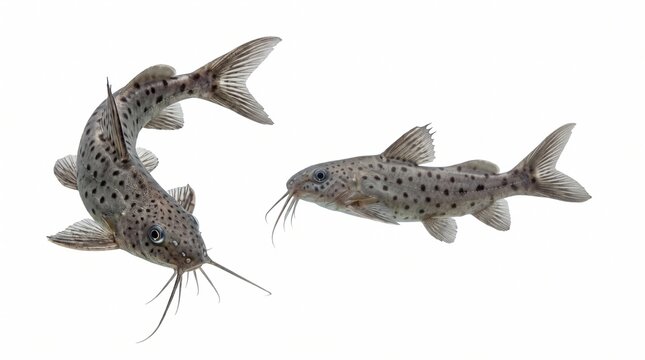Two small spotted catfish swimming isolated on a pure white background
