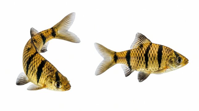 Two tiger barb fish swimming isolated on a white background