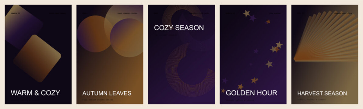 Autumn abstract gradient backgrounds template vector collection. Features warm golden circles, dark purple shades, and geometric shapes. Modern stylish design for seasonal promotions.