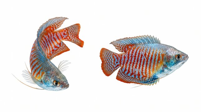 Two colorful dwarf gourami fish isolated on a white background