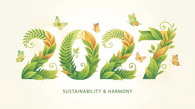 An artistic representation of the year 2027 formed from lush green leaves and golden foliage, accompanied by delicate butterflies and a message of ecological sustainability.
