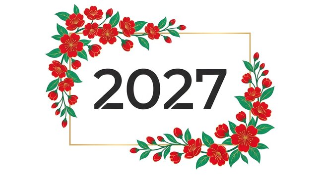 Elegant minimalist greeting card design featuring the year 2027 centered inside a thin golden rectangular frame adorned with vibrant red cherry blossoms and green foliage branches