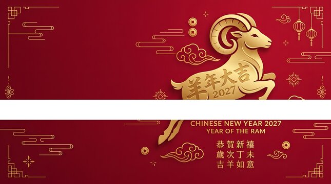 A festive Chinese New Year 2027 greeting card design featuring a golden ram silhouette, traditional decorative clouds, lanterns, and elegant auspicious text on red background