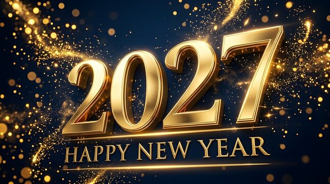 A stunning and elegant 3D golden text design featuring the year 2027 with sparkling light particles against a deep navy blue background for New Year celebrations.