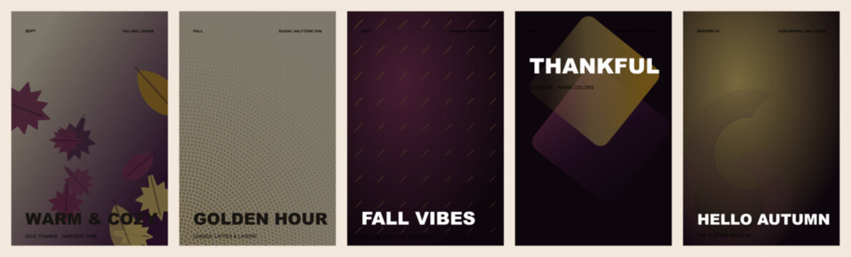 Autumn poster template set. Features warm cozy text, abstract leaf shapes, and dark gradients. Modern vector layout collection for seasonal greeting cards, social media, and fall events.