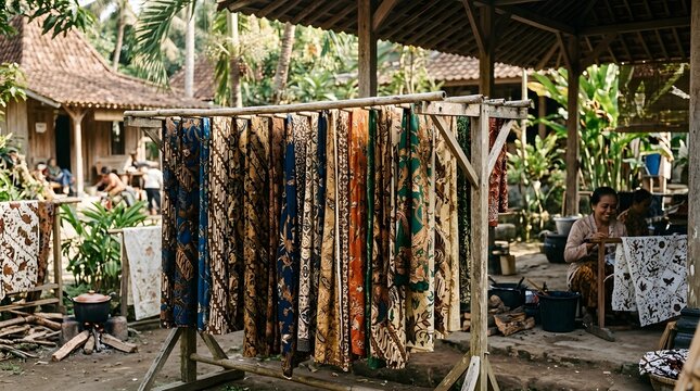 Traditional indonesian batik fabrics hanging on a wooden drying rack