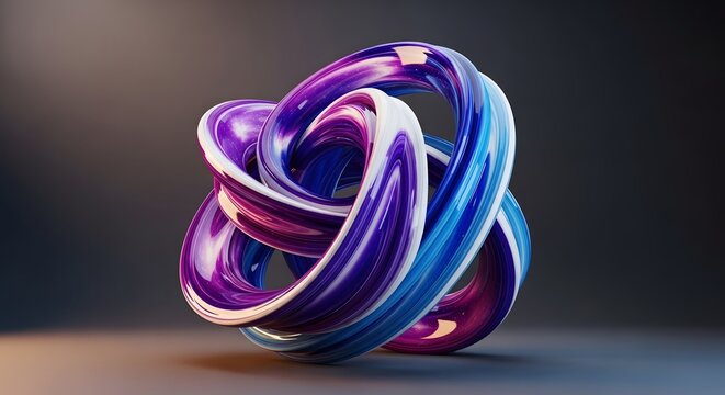 A mesmerizing 3D digital sculpture featuring an intricate, swirling knot of glossy, iridescent ribbons in shades of deep purple, vibrant blue, and crisp white highlights.