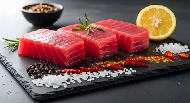 Three thick, vibrant red raw tuna loin steaks arranged elegantly on a dark slate board with fresh rosemary, lemon slices, sea salt, and spicy chilies.