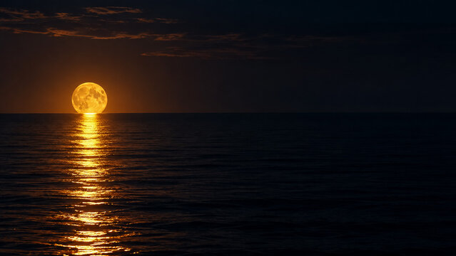 Golden full moon rising above dark peaceful ocean horizon at night, casting brilliant shimmering reflection across calm rippling water surface, magical romantic nautical landscape scene stock photo