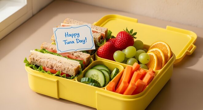 A bright yellow lunch box containing a healthy meal of whole wheat tuna sandwiches, fresh strawberries, green grapes, orange slices, cucumber, and carrot sticks today.