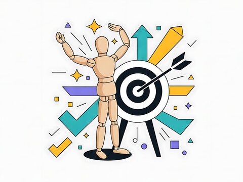 Wooden mannequin celebrating success with an archery target hitting the bullseye in a flat illustration design