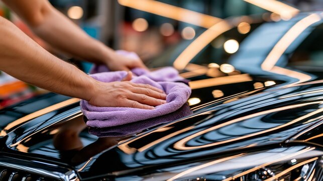 Close-up of hands polishing a sleek black car with a purple microfiber towel, reflecting warm.