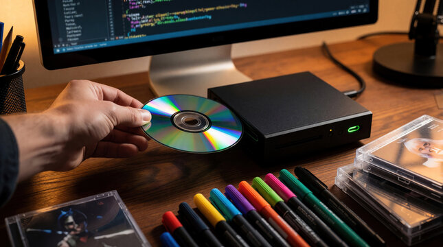 Close up of person hand holding shiny compact disc over external dvd drive. User inserts cd disc into computer drive on wooden desk in home office. Digital media storage, data transfer setup with