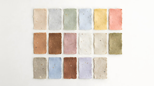 Grid of fourteen rectangular handmade paper swatches in diverse pastel and earthy colors isolated on a white background for