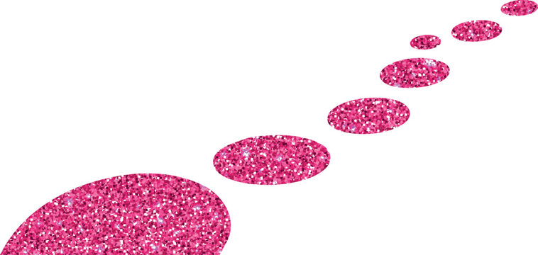 Abstract diagonal trail of sparkling pink glitter oval shapes in varying sizes isolated