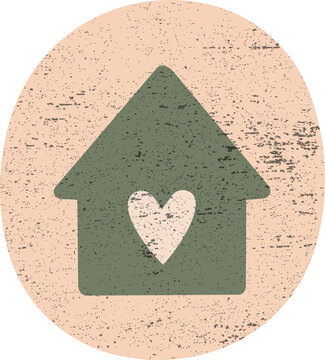 A textured olive green house icon with a heart-shaped cutout centered on a distressed beige circular