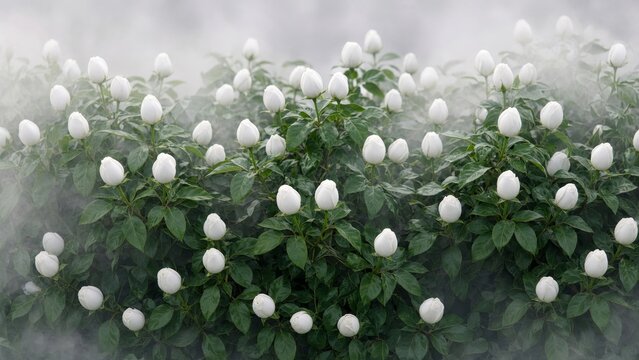 White Roses Blooming in Misty Foggy Garden Many Ivory Blooms Soft Atmospheric Landscape Botanical Nature Plant Photography Romantic Ethereal Floral Outdoor Scene