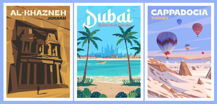 Vintage travel poster vector set with Middle East destinations. Retro tourism banners template for Al-Khazneh Jordan Petra, Dubai UAE beach with palms and Cappadocia Turkey hot air balloons.