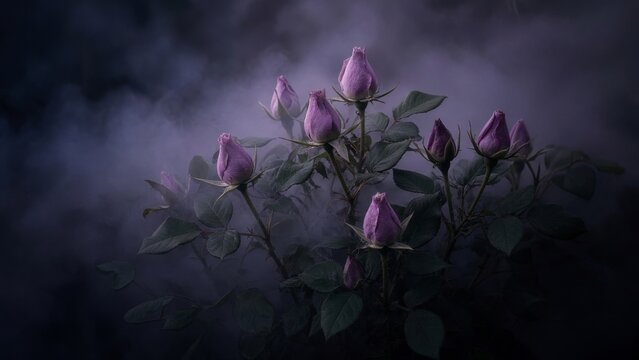 Purple Roses in Distant Dark Mist Garden Many Soft Lilac Blooms Atmospheric Landscape Botanical Nature Romantic Plant Photography Moody Foggy Floral