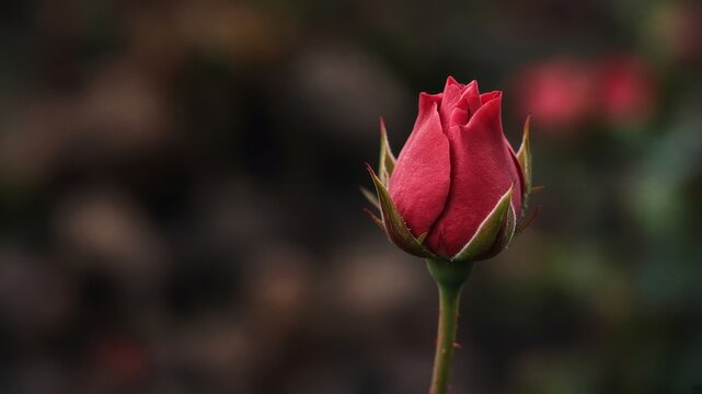 Red Single Rose Bud Tight Closed Bloom on Dark Background Crimson Bud Closeup Macro Floral Portrait Romantic Love Valentine Botanical Nature Plant 