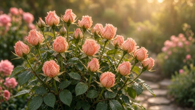 Peach Pink Roses Along Garden Path Walkway Many Warm Blooms Landscape Outdoor Nature Scenic Botanical Plant Photography Romantic Floral Avenue Summer