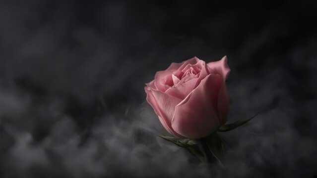 Dusty Rose Pink Single Rose Bud on Dark Background Muted Antique Bloom Closeup Macro Floral Portrait Botanical Nature Romantic Vintage Plant Photography 