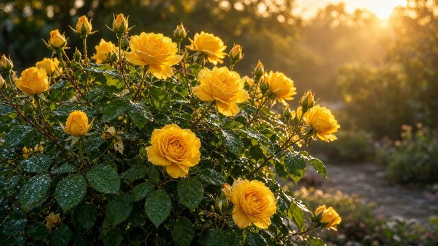 Yellow Roses Blooming in Golden Sunlight Garden Bed Many Bright Blooms Green Foliage Outdoor Nature Landscape Botanical Summer Plant