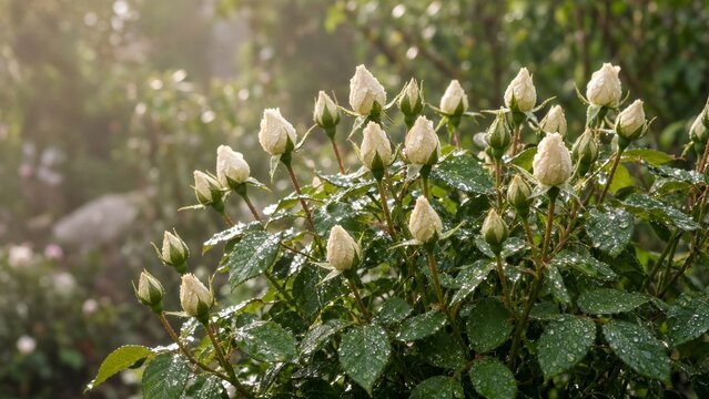 Green Unopened Rose Buds on Lush Garden Bush Foliage Outdoor Nature Landscape Many Tight Flower Buds Leaves Botanical Horticulture Spring Plant Photography Scenic Floral Garden 