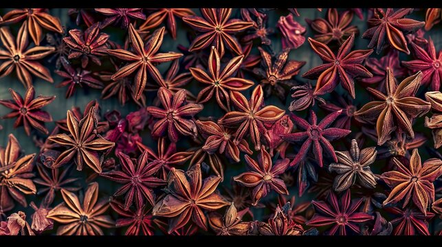 Close up view of dried star anise  a unique spice for culinary delights and aromatic recipes