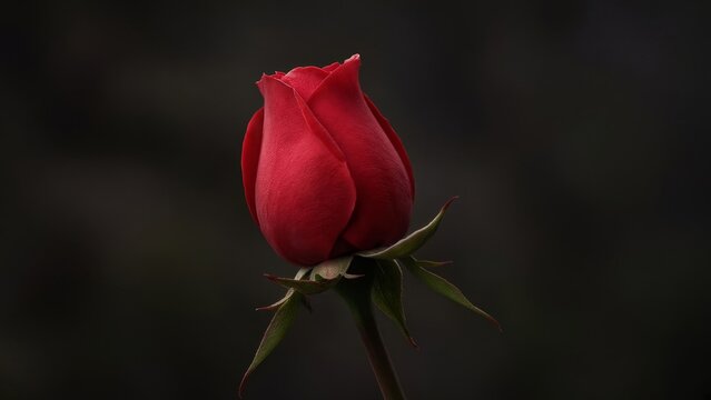 Deep Red Single Rose Isolated on Dark Background Classic Crimson Bloom Closeup Macro Floral Portrait Romantic Love Valentine Wedding Botanical Nature Plant Photography