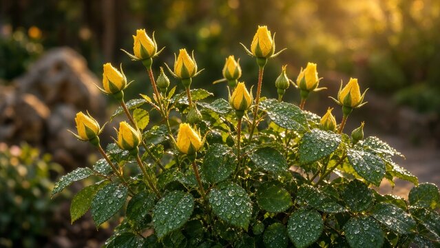 Yellow Rose Flowers Clustered in Sunny Garden Bed Many Small Golden Blooms Green Foliage Outdoor Nature Landscape Botanical Horticulture Spring Summer Plant Photography Scenic