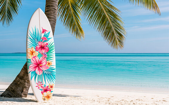 retro-style surfboard with a striped pattern leaning against a swaying palm tree by the ocean