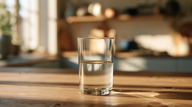 Transparent glass half-filled with clear water on a wooden table in a cozy kitchen with morning sunlight, soft natural shadows, and minimalist still life photography.