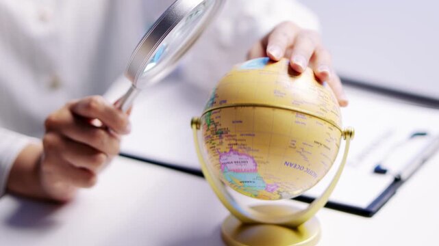 Close up person hand using magnifying glass examining world globe with curious expression for travel planning, geography study, focused discovery