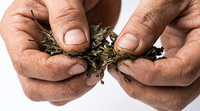 Close up of weathered hands holding dried Amazonian herbs, symbolizing traditional knowledge and sustainable harvesting practices