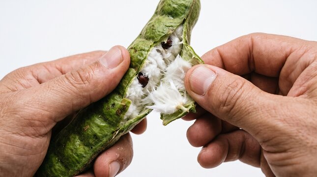 Close up of hands opening a green Amazonian inga fruit revealing fluffy white pulp and dark seeds isolated on white