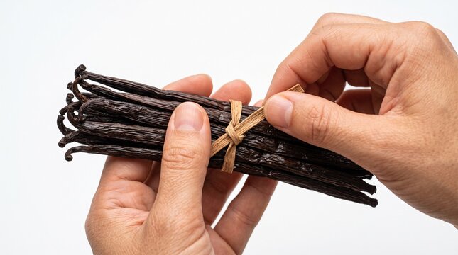 Hands Tying Vanilla Beans with Raffia on White Background, Macro Texture Detail