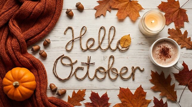 Warm autumn arrangement with pumpkin scarf and hot chocolate hello october cozy seasonal celebration with candle and leaves for festive atmosphere.