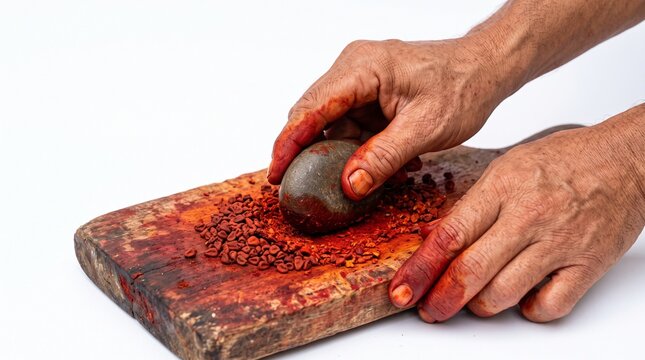 Amazonian hands grind annatto seeds on wooden board for natural dye and food coloring, showcasing traditional sustainable practices