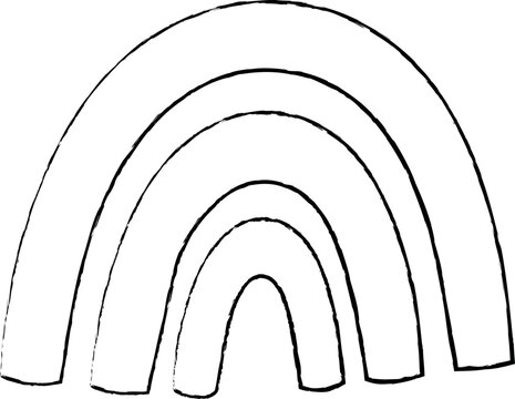 A hand-drawn black outline rainbow with multiple curved arches inside a circular border