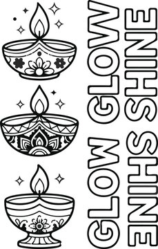 Black and white illustration of three traditional oil lamps with glowing text