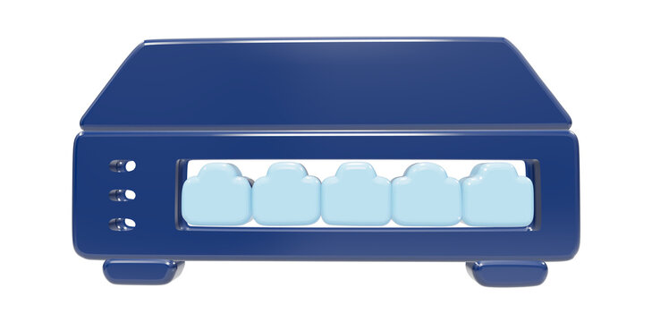 3D blue network switch router icon on transparent background