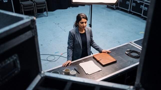Serious businesswoman standing at an improvised backstage desk in a production studio or event venue