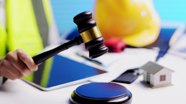 Professional judge gavel tablet yellow helmet house model estate auction legal hammer wooden desk decision focus determined serious construction