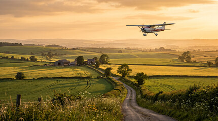 Fototapeta premium Light Aircraft Flying Above Green Agricultural Fields