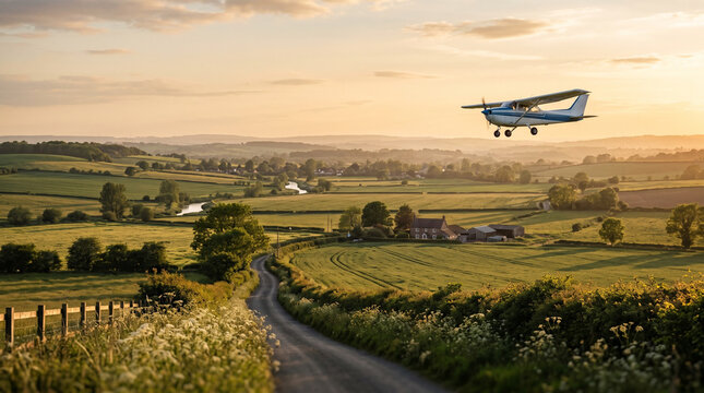 General Aviation Aircraft Flying Over Rural Landscape at Sunset