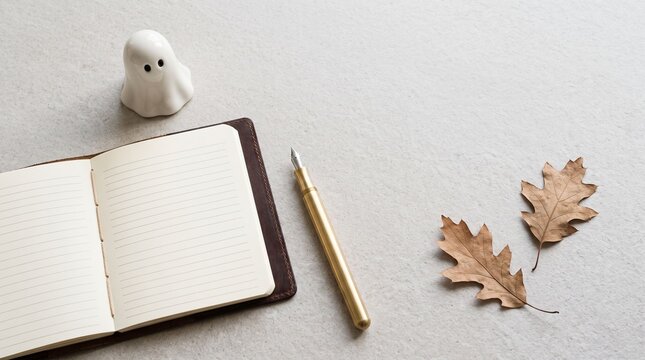 Open journal and ceramic ghost on desk with autumn leaves