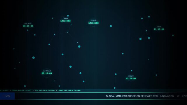 Global financial market data network with live ticker and time zones global finance stock market data visualization