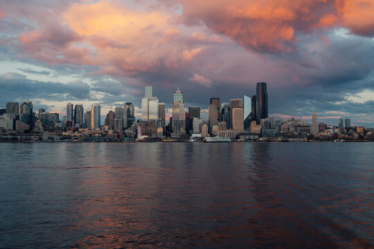 Seattle, Washington waterfront at sunset, view from water